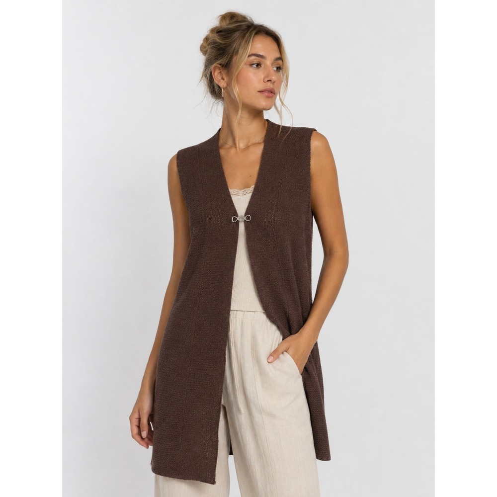 Chocolate Brown Longline Sweater Vest Medium Open Front Lagenlook Earthy Boho